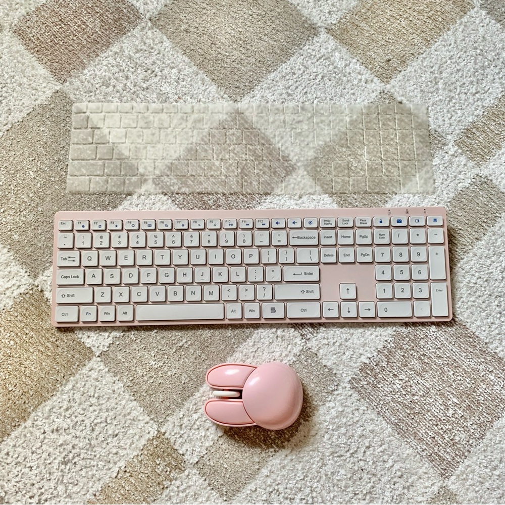 Pink Silent Keyboard with Numbers USB with Dust Cover and Pink Bunny Mouse USB